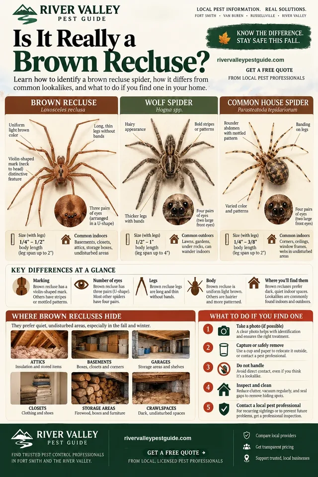 Comparison of three spiders side by side and labelled: brown recluse, wolf spider and common house spider. Each is annotated with colour, leg, eye and body-shape features, with a magnified inset showing the eye arrangement. A row beneath gives size and where each is commonly found. A second panel lists five key differences, then shows six places brown recluse hide and five things to do if you find one.