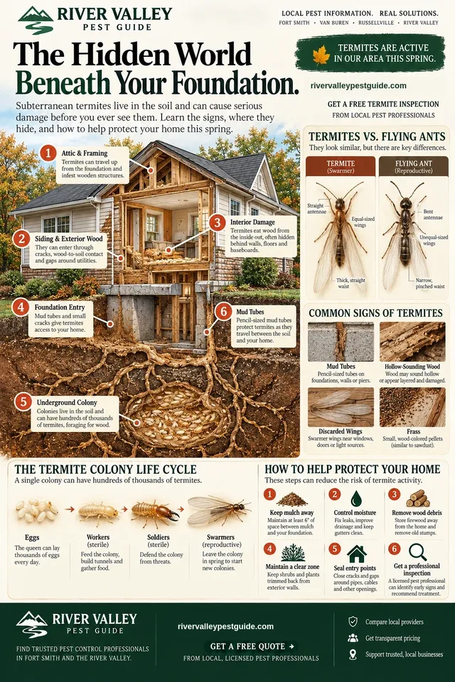 Cutaway illustration of a house and the soil beneath it, showing a subterranean termite colony and the mud tubes running from it into the foundation. Six numbered callouts mark attic and framing, siding and exterior wood, interior damage, foundation entry, the underground colony and mud tubes. A side panel compares a termite swarner with a flying ant on antennae, wings and waist, and lists four signs of termites. Along the bottom, the colony life cycle and six ways to help protect a home.