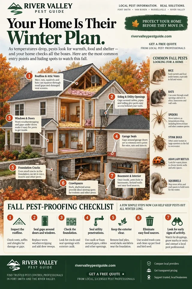 Cutaway illustration of a two-storey house with seven pest entry points numbered and labelled: roofline and attic vents, siding and utility openings, windows and doors, garage seals, foundation cracks, crawlspaces, and basement and interior. A side panel lists six common fall pests with photographs and notes. A checklist along the bottom gives seven pest-proofing steps with icons.